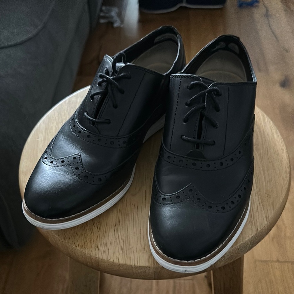 Cole Haan Black Flats & Loafers with Leather Upper and Decorative Broguing